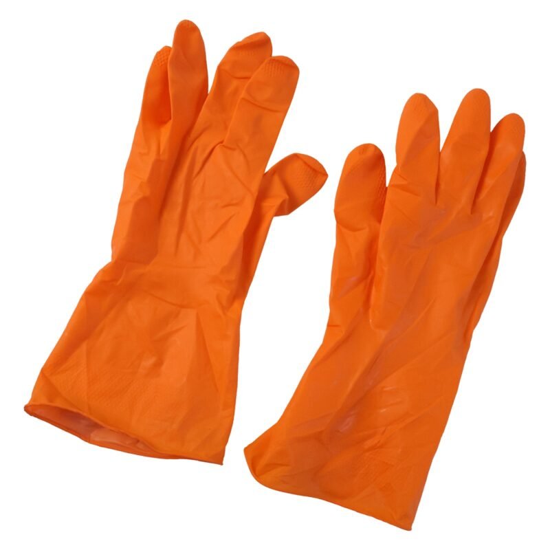 OrangeGloves02-04.jpg Large Orange Waterproof Rubber Gloves � Reusable Kitchen Protectors