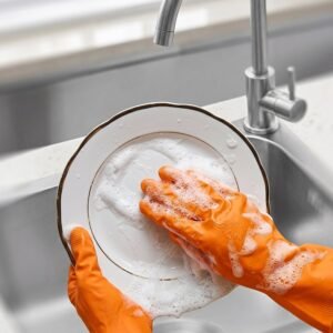 OrangeGloves02-05.jpg Large Orange Waterproof Rubber Gloves � Reusable Kitchen Protectors