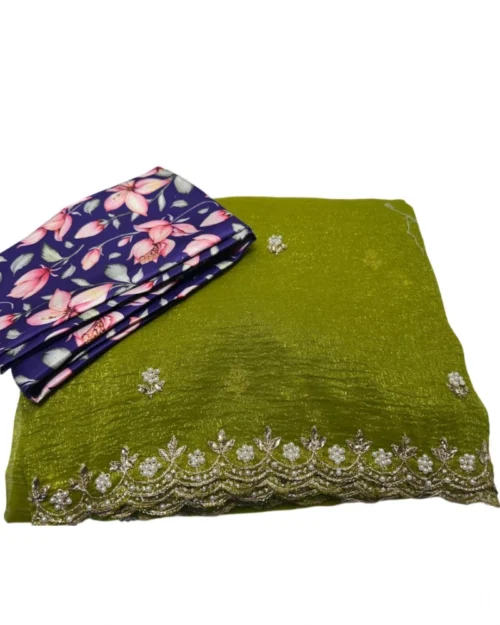 Generic Women's Stone Work Soft Silk Saree With Unstitched Blouse (Green, 5-6 Mtrs)