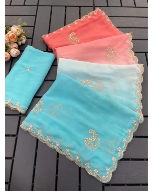 Generic Women's Digital Printed  Geogette Saree With Unstitched Blouse (Blue, 5-6 Mtrs)