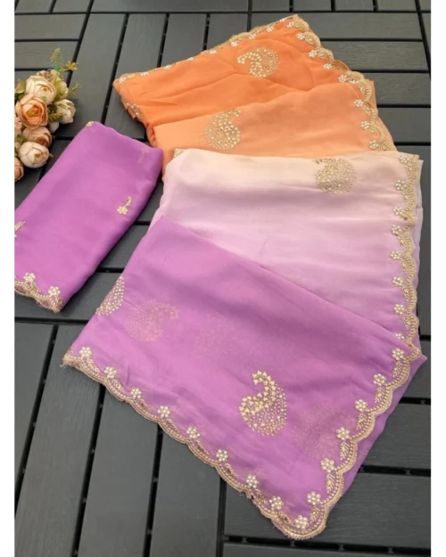 Generic Women's Digital Printed  Geogette Saree With Unstitched Blouse (Wine, 5-6 Mtrs)