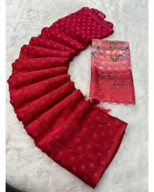 Generic Women's Printed Brasso Saree With Unstitched Blouse (Red, 5-6 Mtrs)