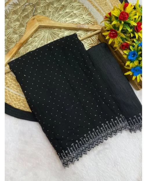 Generic Women's Georgette Stone Work Saree With Unstitched Blouse 5.5Mtr (Black)