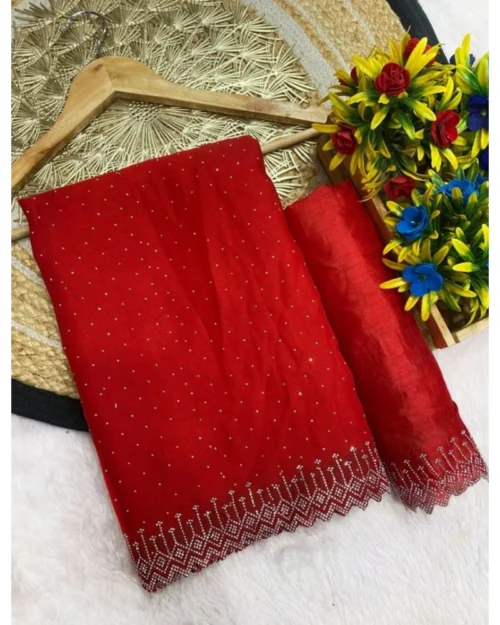 Generic Women's Georgette Stone Work Saree With Unstitched Blouse 5.5Mtr (Red)