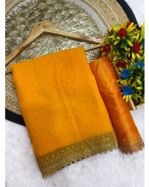Generic Women's Georgette Stone Work Saree With Unstitched Blouse 5.5Mtr (Yellow)