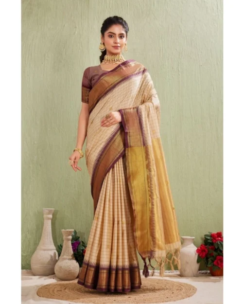 Generic Women's Silk Blended Jaquard Woven Saree With Unstitched Blouse 5.5Mtr (Beige)