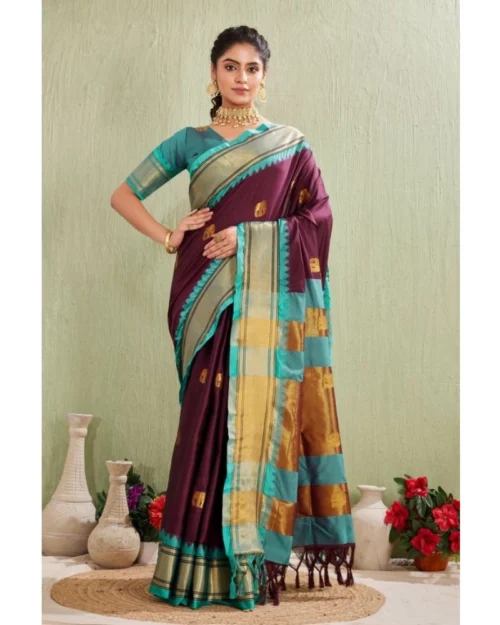 Generic Women's Silk Blended Jaquard Woven Saree With Unstitched Blouse 5.5Mtr (Purple)