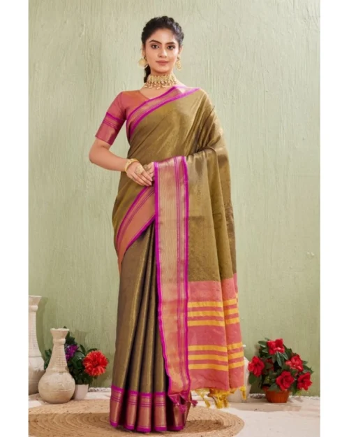 Generic Women's Silk Blended Jaquard Woven Saree With Unstitched Blouse 5.5Mtr (Green)