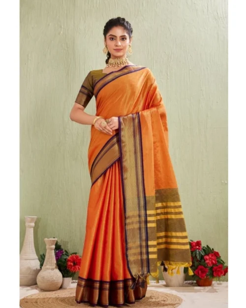 Generic Women's Silk Blended Jaquard Woven Saree With Unstitched Blouse 5.5Mtr (Orange)