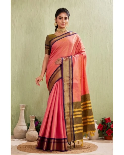 Generic Women's Silk Blended Jaquard Woven Saree With Unstitched Blouse 5.5Mtr (Pink)