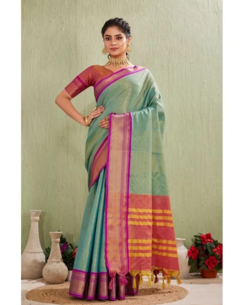 Generic Women's Silk Blended Jaquard Woven Saree With Unstitched Blouse 5.5Mtr (Light Green)