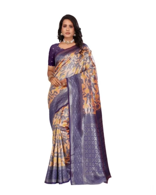 Generic Women's Banarasi Silk Jaquard Woven Saree With Unstitched Blouse 5.5Mtr (Orange)