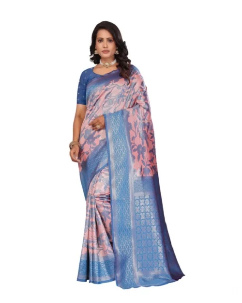 Generic Women's Banarasi Silk Jaquard Woven Saree With Unstitched Blouse 5.5Mtr (Pink)