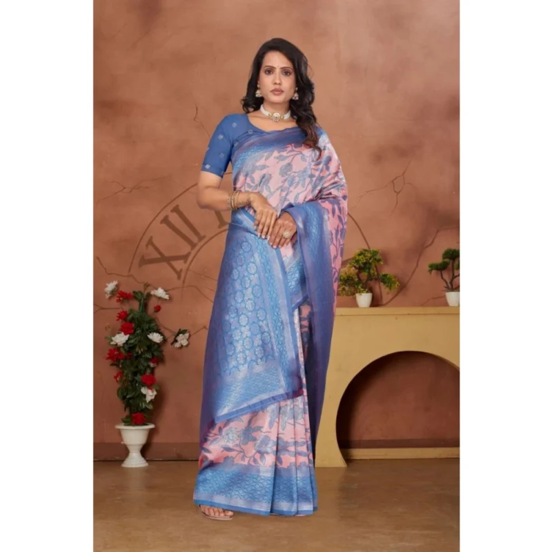 Generic Women's Banarasi Silk Jaquard Woven Saree With Unstitched Blouse 5.5Mtr (Pink)
