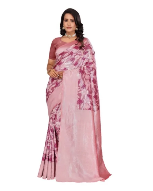 Generic Women's Banarasi Silk Jaquard Woven Saree With Unstitched Blouse 5.5Mtr (Pink)