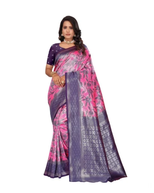 Generic Women's Banarasi Silk Jaquard Woven Saree With Unstitched Blouse 5.5Mtr (Pink)
