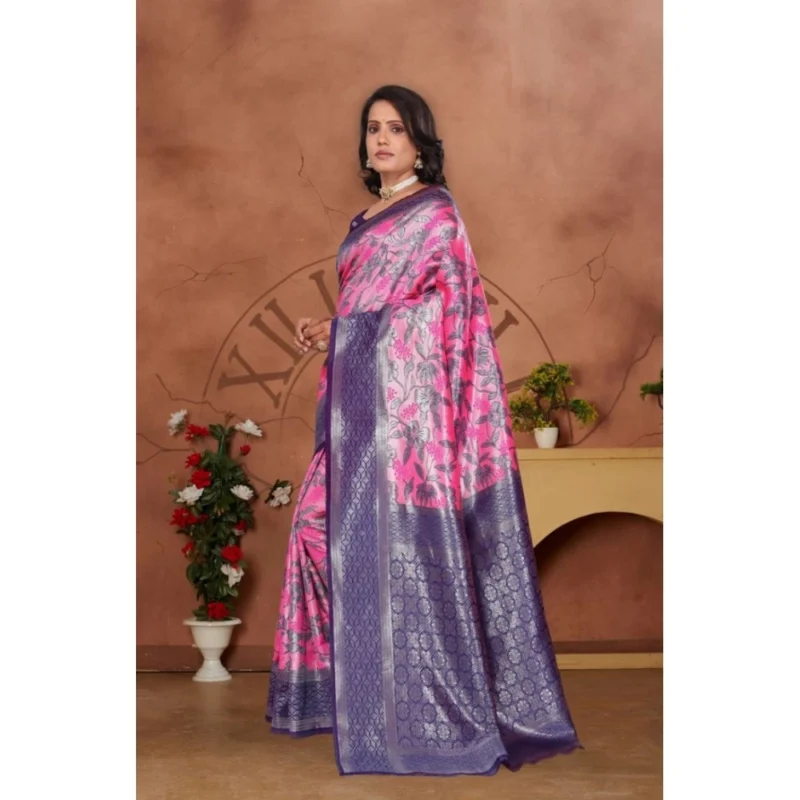 Generic Women's Banarasi Silk Jaquard Woven Saree With Unstitched Blouse 5.5Mtr (Pink)