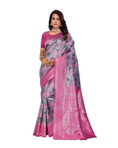 Generic Women's Banarasi Silk Jaquard Woven Saree With Unstitched Blouse 5.5Mtr (Pink)