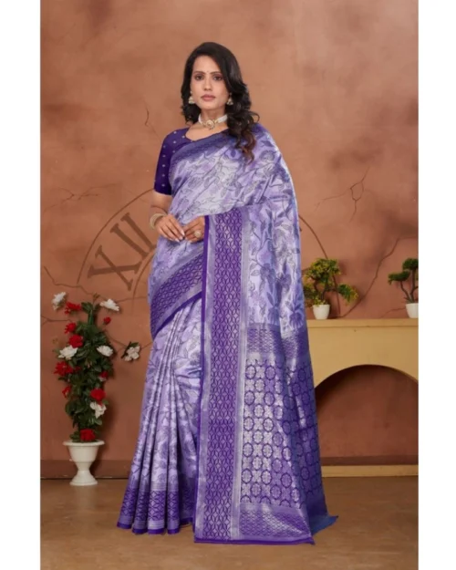 Generic Women's Banarasi Silk Jaquard Woven Saree With Unstitched Blouse 5.5Mtr (Purple)