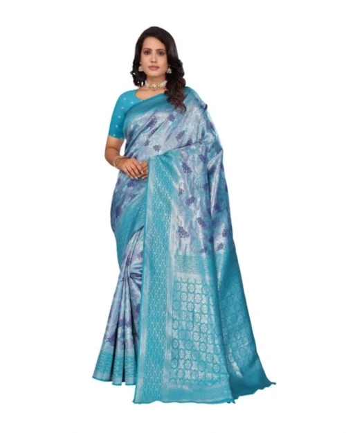 Generic Women's Banarasi Silk Jaquard Woven Saree With Unstitched Blouse 5.5Mtr (Light Blue)