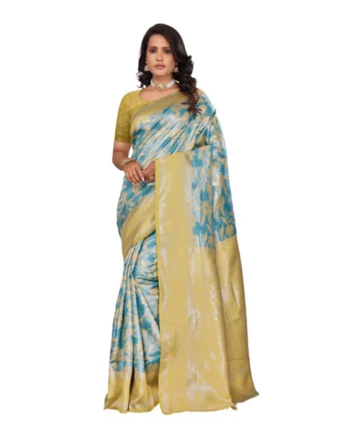 Generic Women's Banarasi Silk Jaquard Woven Saree With Unstitched Blouse 5.5Mtr (Yellow)