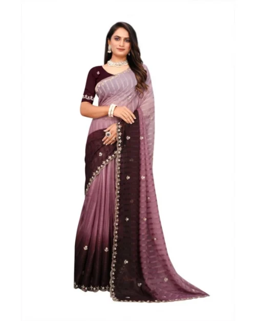 Generic Women's Chiffon Embroidred Saree With Unstitched Blouse 5.5Mtr (Beige)