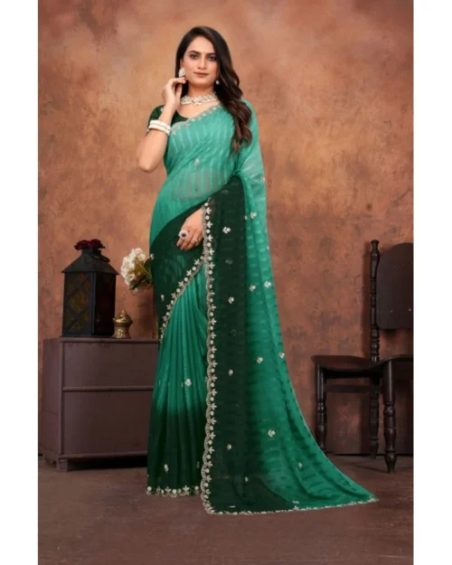 Generic Women's Chiffon Embroidred Saree With Unstitched Blouse 5.5Mtr (Dark Green)