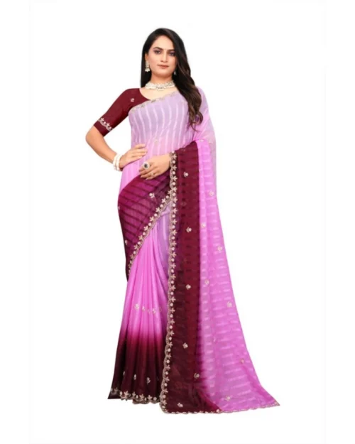 Generic Women's Chiffon Embroidred Saree With Unstitched Blouse 5.5Mtr (Pink)