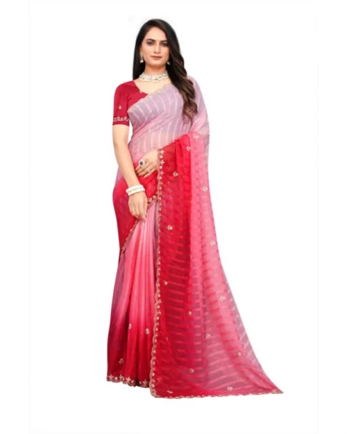Generic Women's Chiffon Embroidred Saree With Unstitched Blouse 5.5Mtr (Pink)