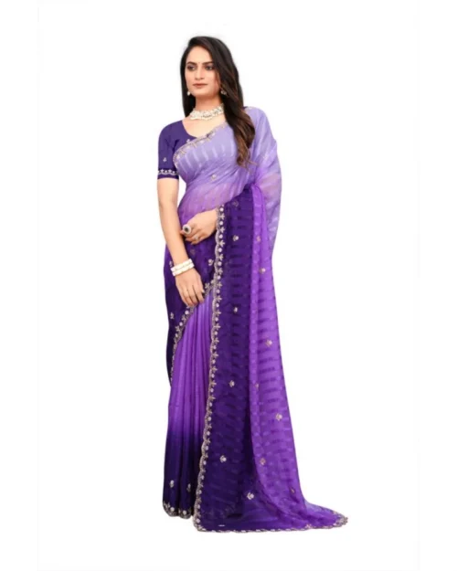 Generic Women's Chiffon Embroidred Saree With Unstitched Blouse 5.5Mtr (Purple)