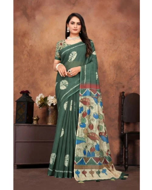 Generic Women's Linen Printed Saree With Unstitched Blouse 5.5Mtr (Dark Green)