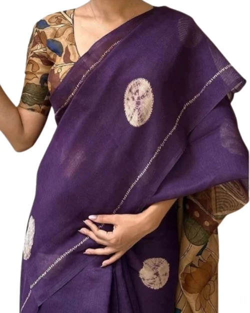 Generic Women's Linen Printed Saree With Unstitched Blouse 5.5Mtr (Purple)