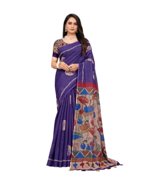 Generic Women's Linen Printed Saree With Unstitched Blouse 5.5Mtr (Purple)
