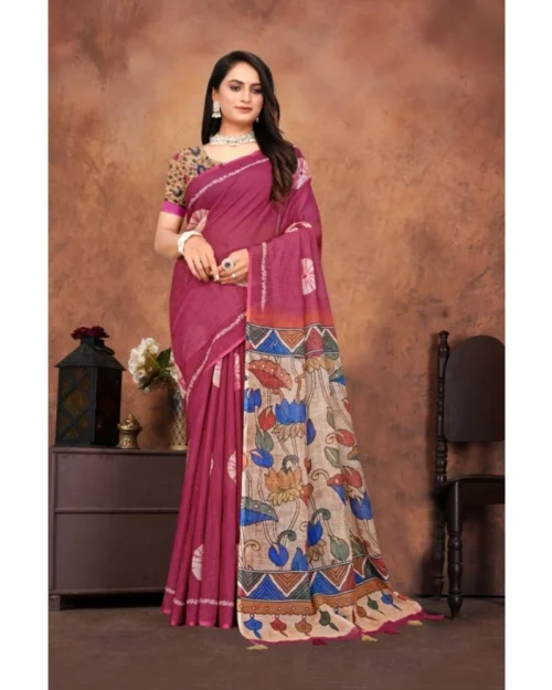 Generic Women's Linen Printed Saree With Unstitched Blouse 5.5Mtr (Purple)
