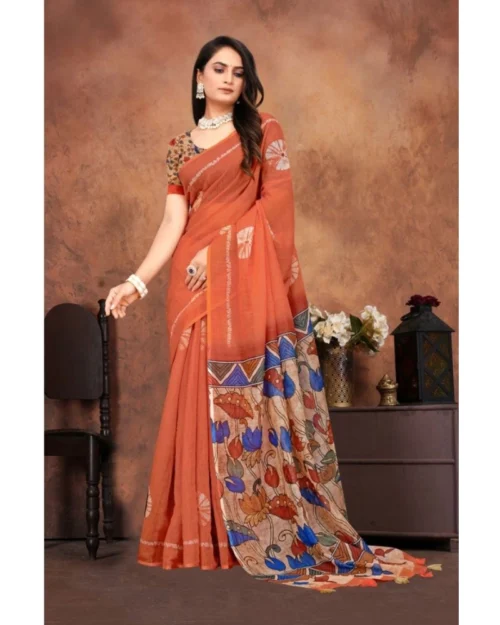 Generic Women's Linen Printed Saree With Unstitched Blouse 5.5Mtr (Red)