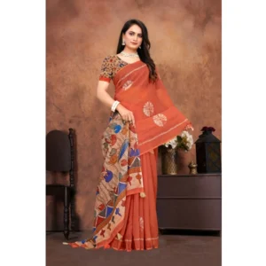Generic Women's Linen Printed Saree With Unstitched Blouse 5.5Mtr (Red)