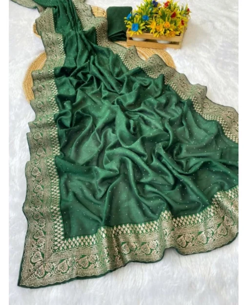 Generic Women's Silk Embroidred Saree With Unstitched Blouse 5.5Mtr (Dark Green)