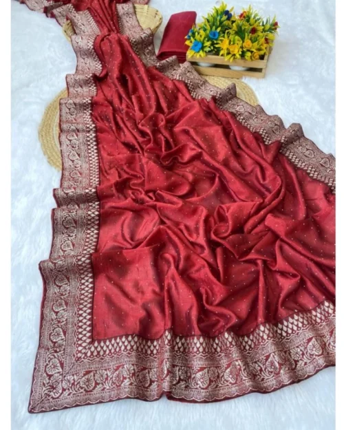 Generic Women's Silk Embroidred Saree With Unstitched Blouse 5.5Mtr (Red)