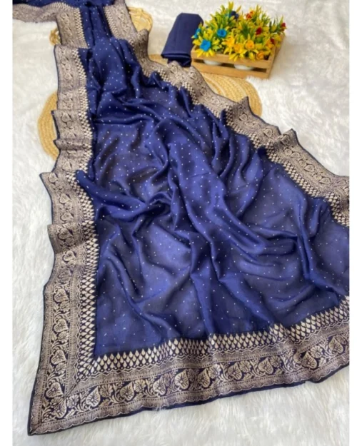 Generic Women's Silk Embroidred Saree With Unstitched Blouse 5.5Mtr (Blue)