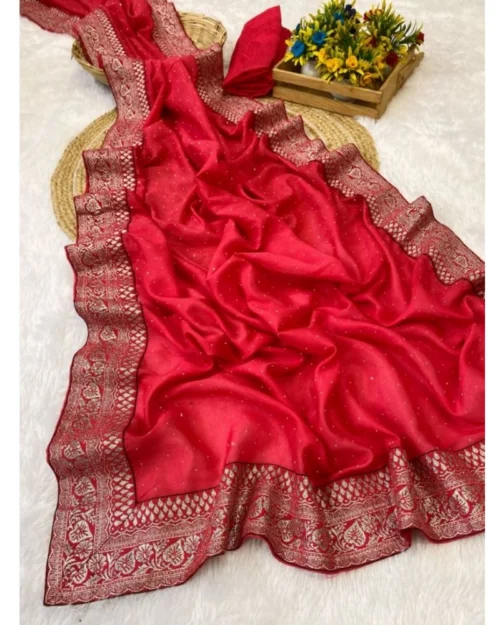 Generic Women's Silk Embroidred Saree With Unstitched Blouse 5.5Mtr (Pink)