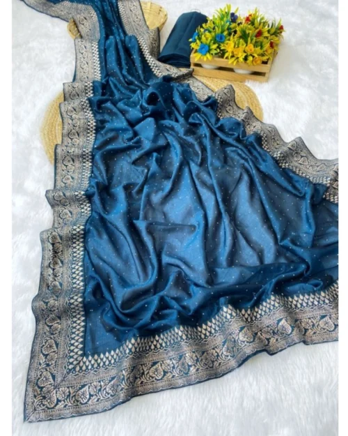 Generic Women's Silk Embroidred Saree With Unstitched Blouse 5.5Mtr (Light Green)