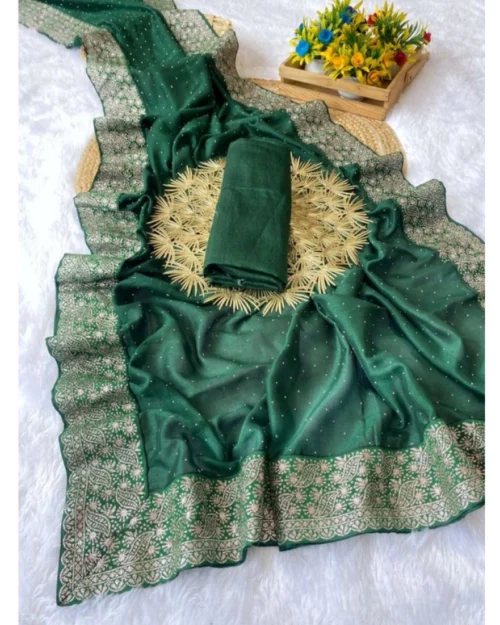Generic Women's Silk Embroidred Saree With Unstitched Blouse 5.5Mtr (Dark Green)