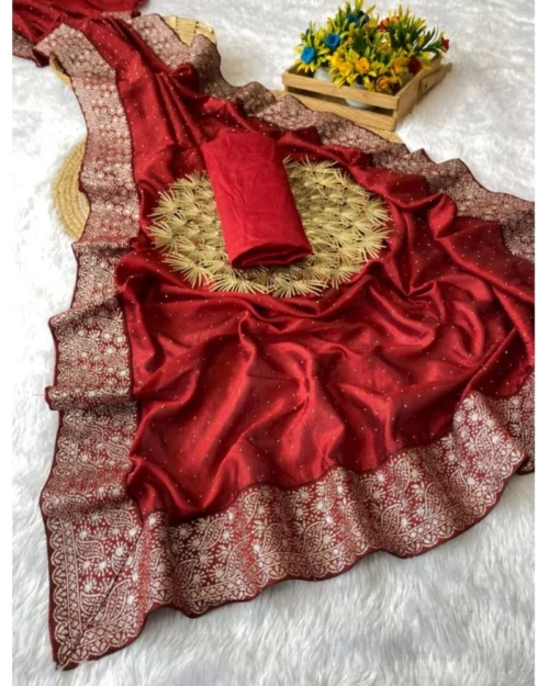 Generic Women's Silk Embroidred Saree With Unstitched Blouse 5.5Mtr (Red)