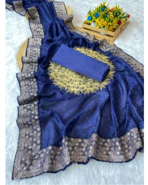 Generic Women's Silk Embroidred Saree With Unstitched Blouse 5.5Mtr (Blue)