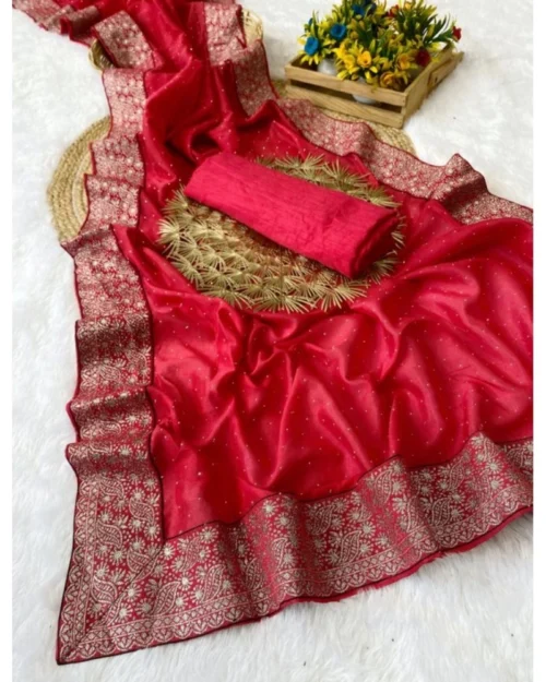 Generic Women's Silk Embroidred Saree With Unstitched Blouse 5.5Mtr (Pink)