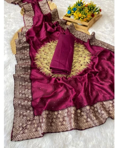 Generic Women's Silk Embroidred Saree With Unstitched Blouse 5.5Mtr (Purple)
