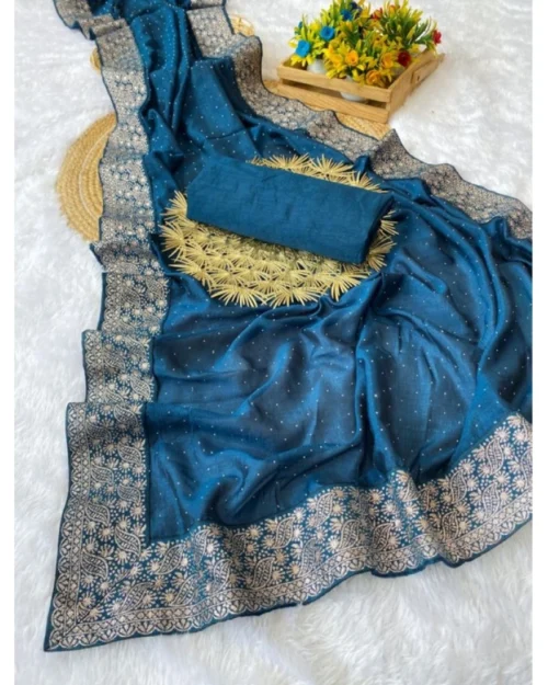 Generic Women's Silk Embroidred Saree With Unstitched Blouse 5.5Mtr (Light Green)