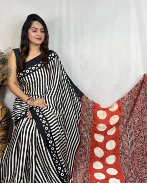 Generic Women's Satin Printed Saree With Unstitched Blouse 5.5Mtr (Black)