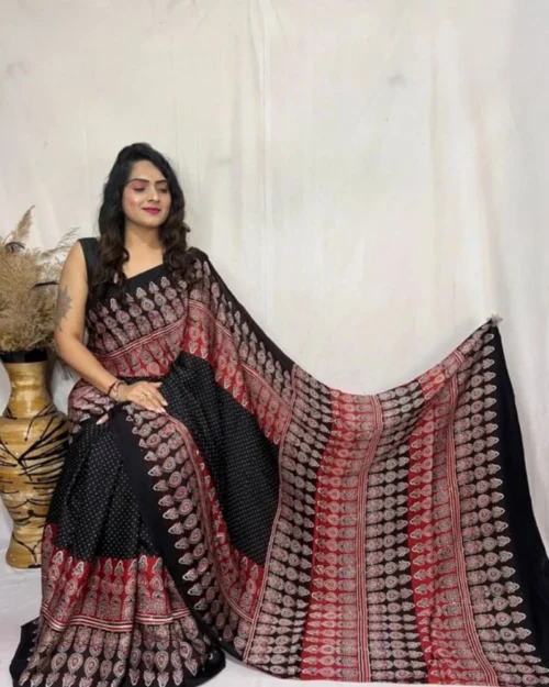 Generic Women's Satin Printed Saree With Unstitched Blouse 5.5Mtr (Black)