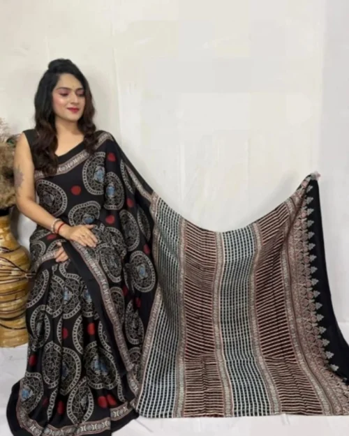Generic Women's Satin Printed Saree With Unstitched Blouse 5.5Mtr (Black)